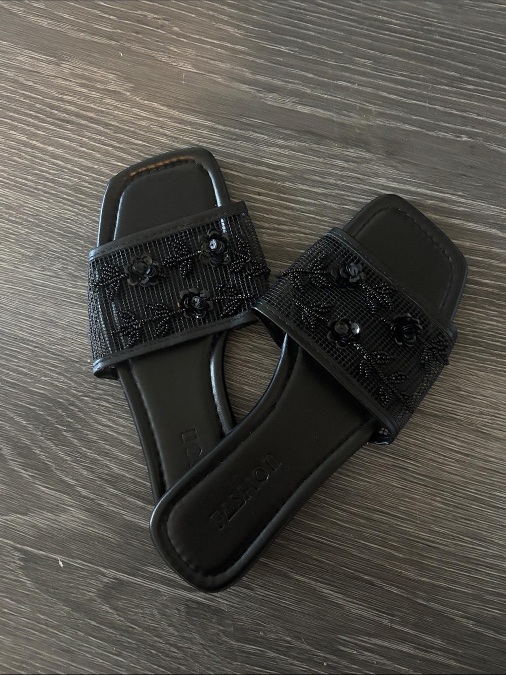 Black Beaded Slide Sandals - Women's Fashion Slides